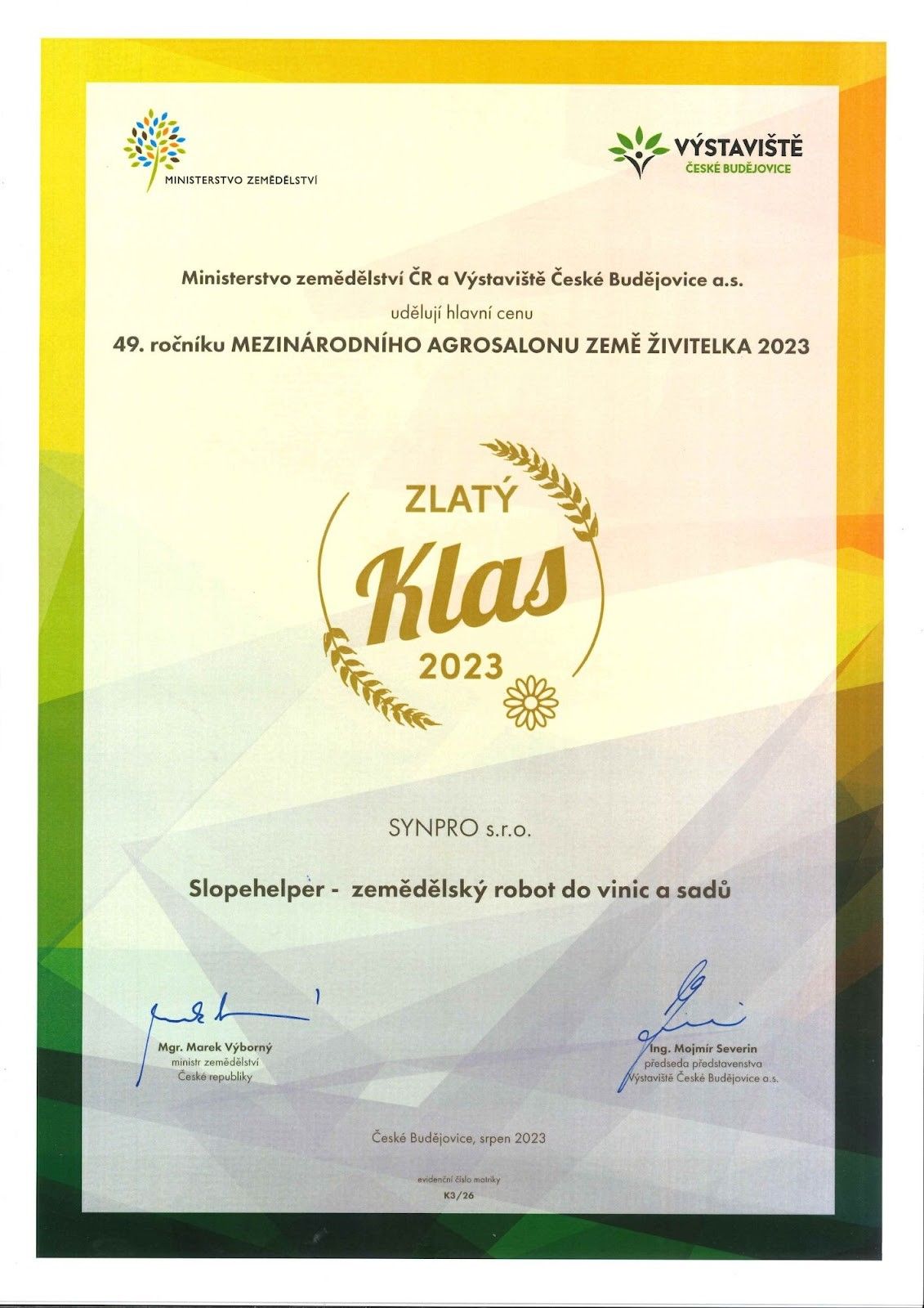 Významný úspěch na Zemi živitelce 2023 - ZLATÝ KLAS S KYTIČKOU pro SYNPRO